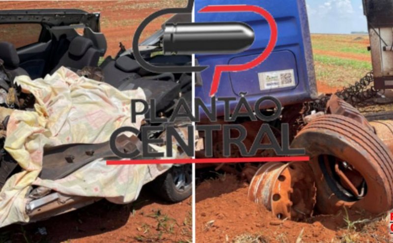 Mulher tem o corpo dilacerado e carro destruído ao colidir frontalmente com carreta carregada de milho em Campo Novo dos Parecis